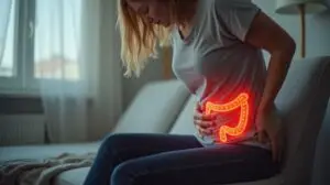 cólico intestinal duración representado por mujer sufriendo un cólico intestinal sentada con expresión de dolor