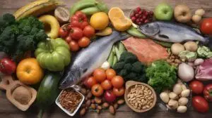 alimentos para el colon irritable representados por alimentos vivos en la mesa de una cocina