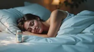 bisglicinato de magnesio para dormir representado por mujer durmiendo calmada al lado de un bote de bisglicinato de magnesio